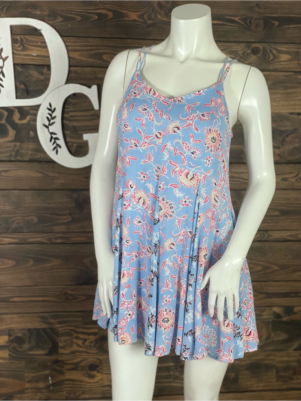Altar'd State | Blue Floral Spaghetti Strap Swing Dress Criss Cross Strappy